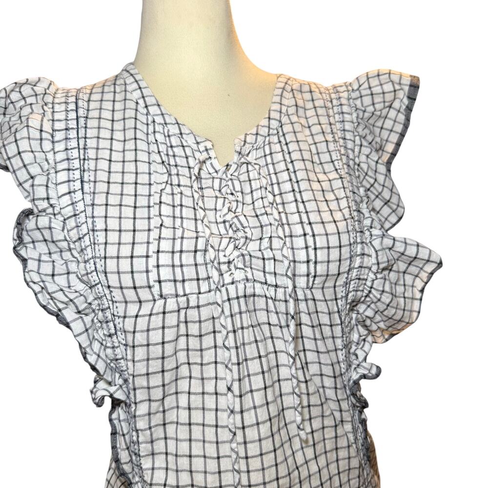 Scotch & Soda Amsterdam Blauw Ruffle Lace Up Top, Black White Windowpane, Medium - Picture 3 of 7